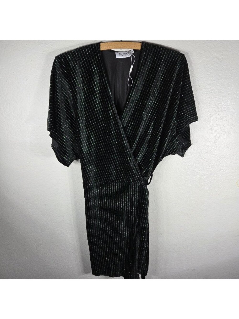 Flounce London Velvet Wrap Dress Womens Sz 4 Striped Black Green Dolman Sleeves